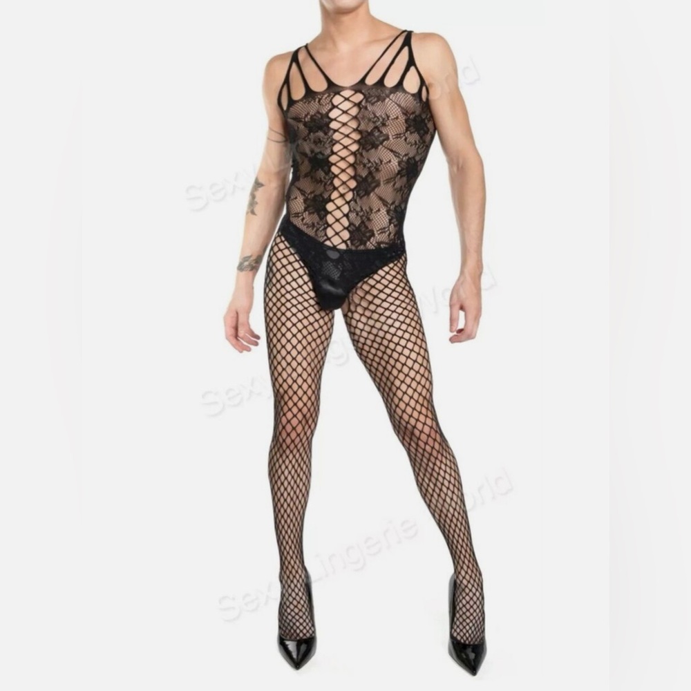 Sexy Lingerie Mens Bodystocking Fishnet Lace Spank-Me Alpha-Beta Femboy Outfit